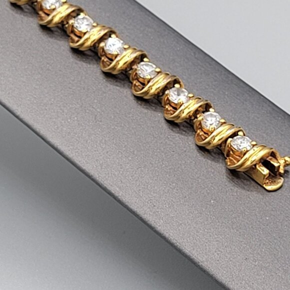 Gold Shell Tennis Bracelet Prong Set Rhinestone Crystals Safety Clasp 6 3/4 in - Picture 4 of 7